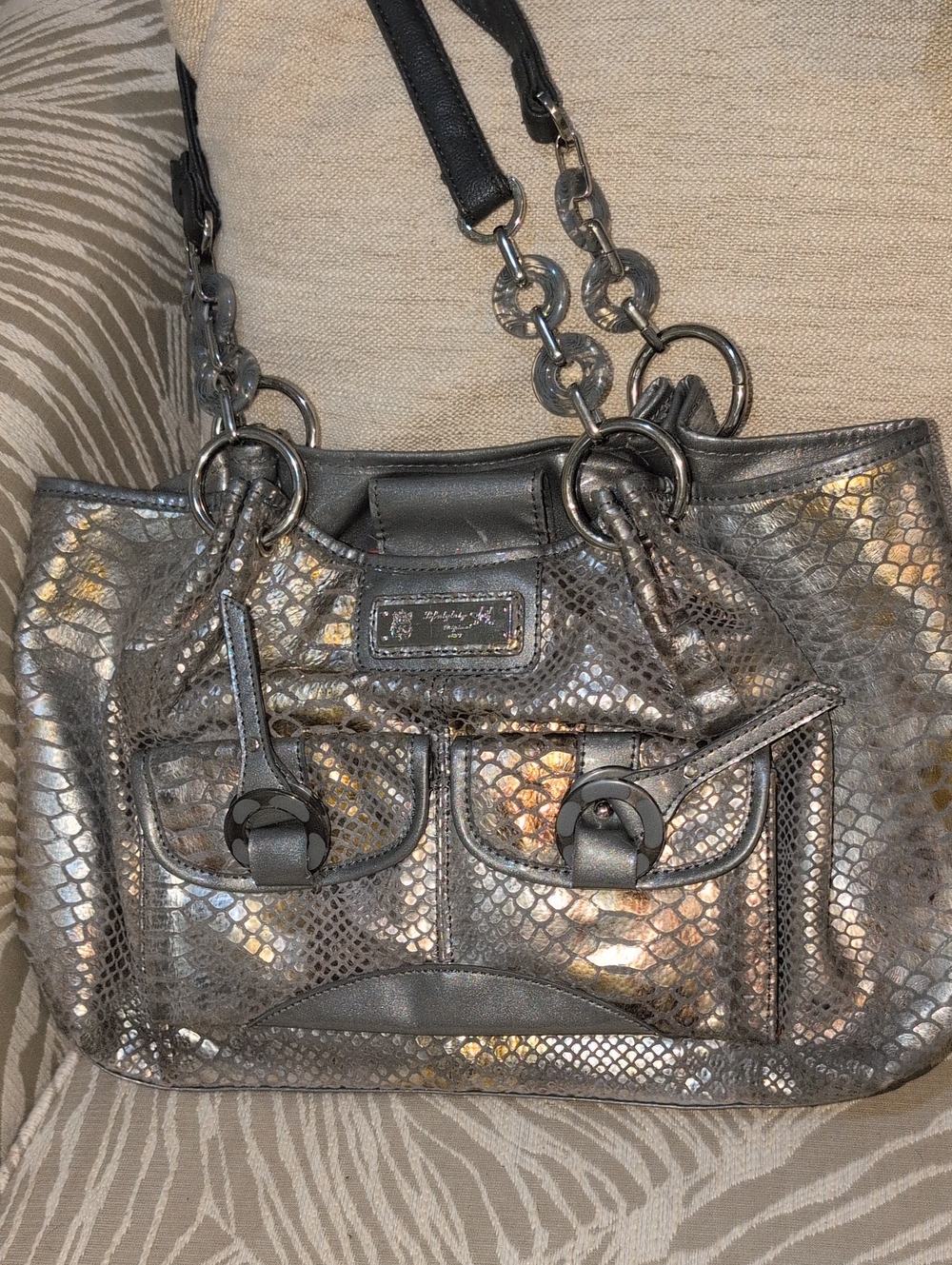 Sharif Metallic Silver Snake-Embossed Shoulder Bag